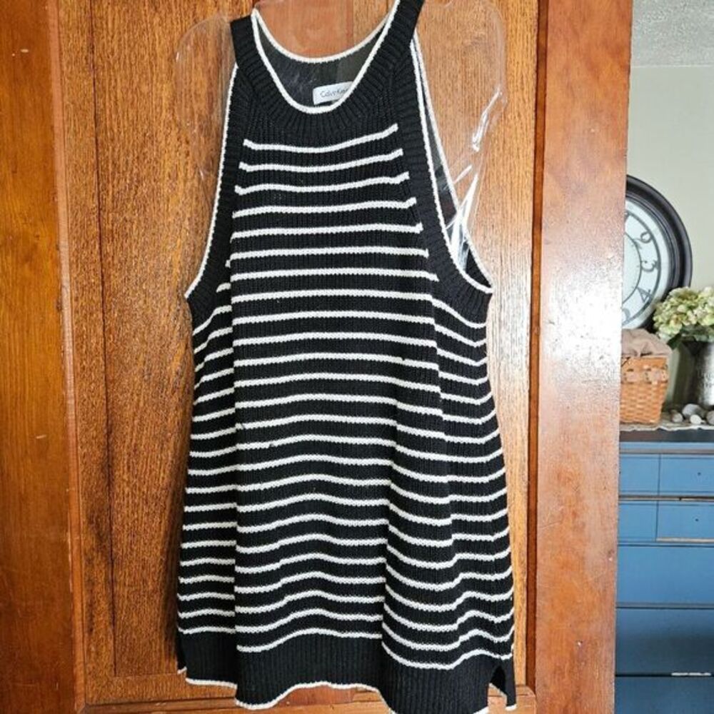 Calvin Klein Sleeveless Black White Nautical Stripe Sweater Womens XL Knitwear
